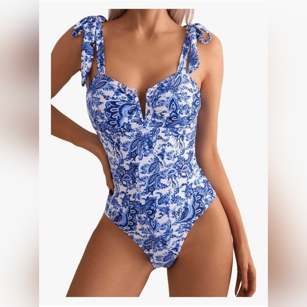 Floral Boho Tie Shoulder Swimsuit #1073 NWOT - Picture 1 of 9